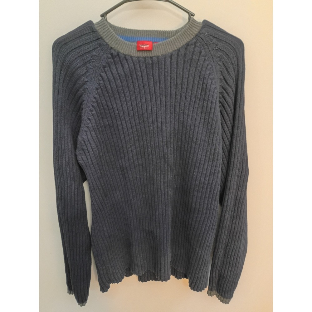 Mossimo Mens Blue Ribbed Knit Cotton Pullover Sweater Grey Trim Large Y2K VTG